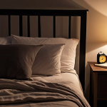 **Prompt:** A serene bedroom sanctuary at night. Soft lighting illuminates a comfortable bed with a book resting on the nightstand. No screens are visible. The atmosphere is calm and inviting, promoting restful sleep.