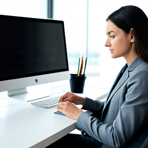 Home 7 A professional woman in a modest business blazer and trousers, seated calmly at a sleek, minimalist desk in a modern, sunlit office. Her computer screen displays a perfectly organized email inbox with only a few essential messages, and neatly structured digital folders are visible on a second monitor. She holds a stylus, appearing focused and in control, with a serene expression. The background features blurred office plants and natural light. fully clothed, appropriate attire, modest clothing, professional dress, safe for work, appropriate content, professional photography, perfect anatomy, correct proportions, natural pose, well-formed hands, proper finger count, natural body proportions, high-resolution, sharp focus, realistic detail.
