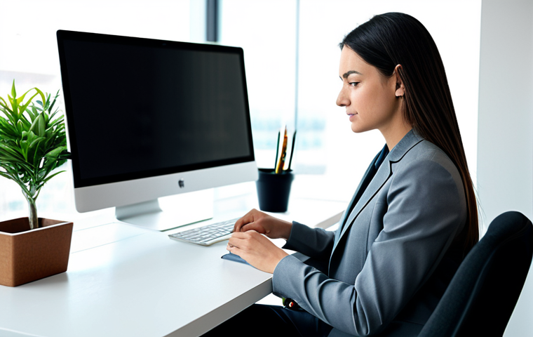 A professional woman in a modest business blazer and trousers, seated calmly at a sleek, minimalist desk in a modern, sunlit office. Her computer screen displays a perfectly organized email inbox with only a few essential messages, and neatly structured digital folders are visible on a second monitor. She holds a stylus, appearing focused and in control, with a serene expression. The background features blurred office plants and natural light. fully clothed, appropriate attire, modest clothing, professional dress, safe for work, appropriate content, professional photography, perfect anatomy, correct proportions, natural pose, well-formed hands, proper finger count, natural body proportions, high-resolution, sharp focus, realistic detail.