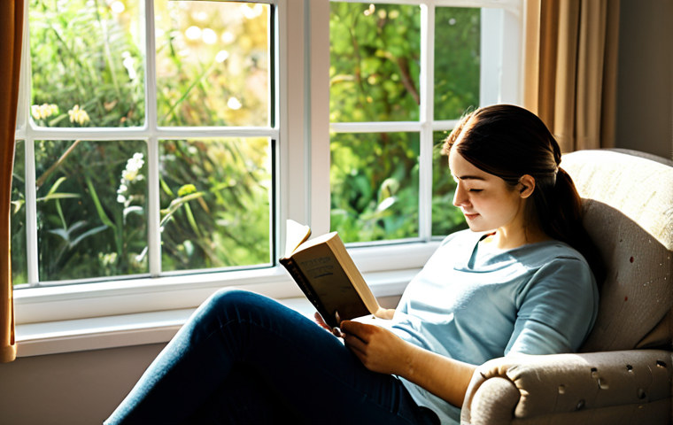 Serene Digital Sabbath**
Prompt: A person reading a physical book in a cozy armchair next to a window overlooking a peaceful garden, sunlight streaming in, no screens visible, warm and inviting atmosphere, focus on relaxation and disconnecting, safe for work, appropriate content, fully clothed, modest, family-friendly, perfect anatomy, correct proportions, natural pose, high quality.
**