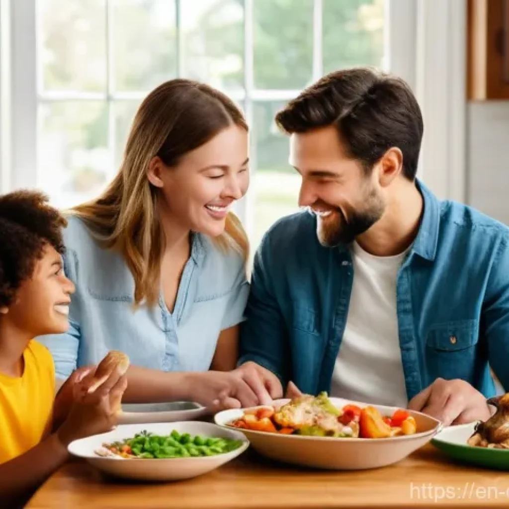 기술 의존도를 줄이는 방법 - **Prompt:** A cozy, brightly lit kitchen scene featuring a diverse family of four—two parents and tw...