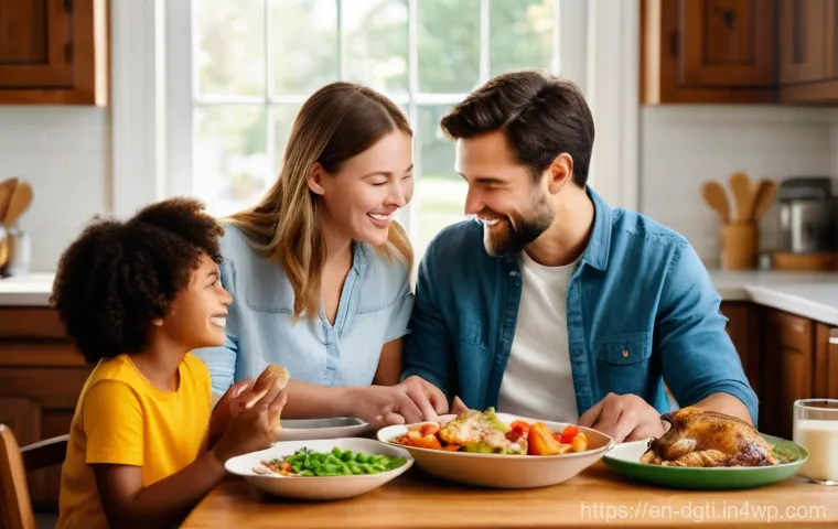 기술 의존도를 줄이는 방법 - **Prompt:** A cozy, brightly lit kitchen scene featuring a diverse family of four&mdash;two parents and tw...