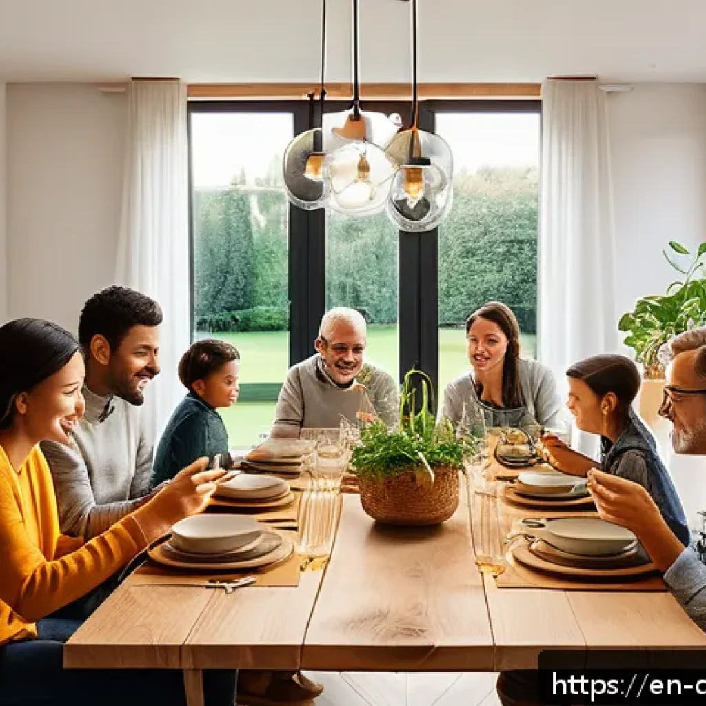 디지털 미니멀리즘과 일과 삶의 균형 - A cozy modern dining room scene during family dinner, with a diverse group of adults and children si...