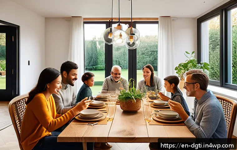 디지털 미니멀리즘과 일과 삶의 균형 - A cozy modern dining room scene during family dinner, with a diverse group of adults and children si...