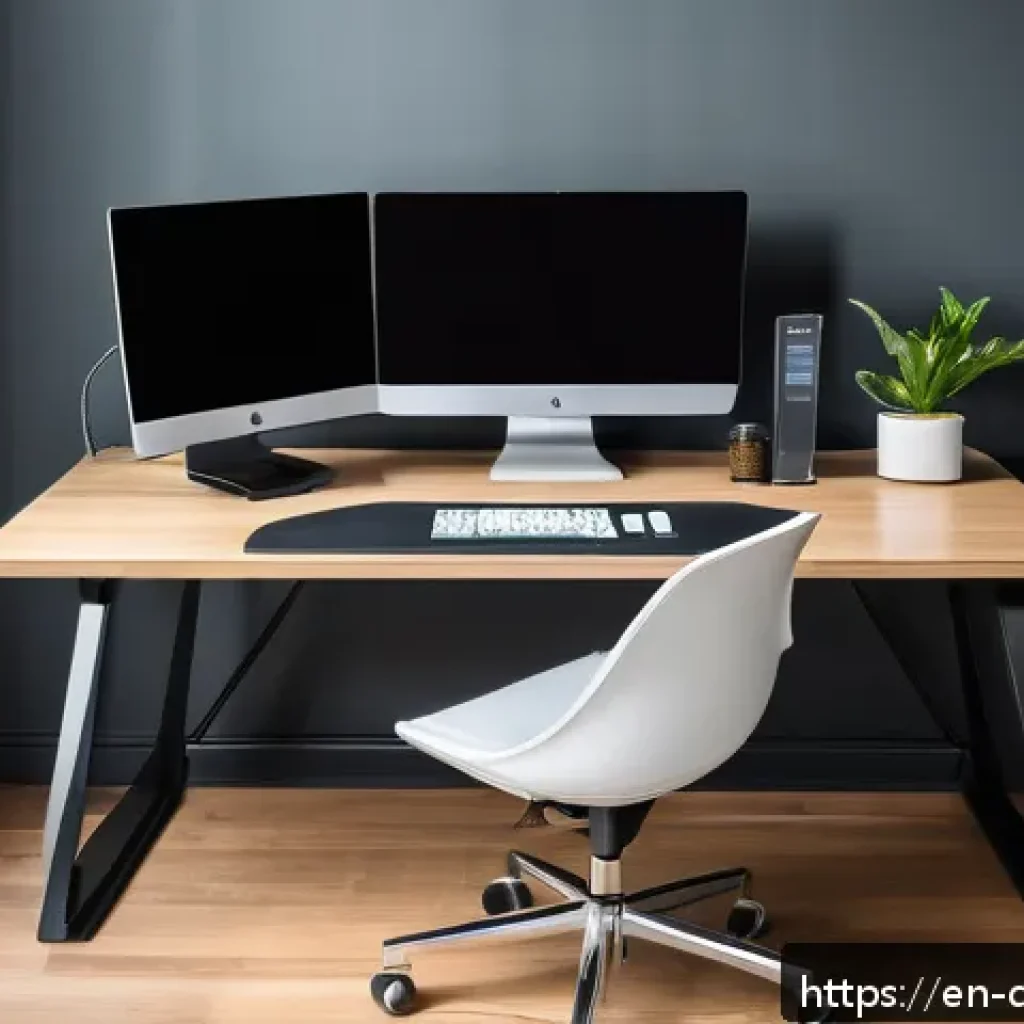 효율적인 디지털 작업 공간 구성하기 - A modern, minimalist home office setup featuring a large adjustable standing desk with dual ultra-wi...
