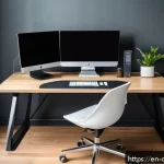 Home 22 효율적인 디지털 작업 공간 구성하기 - A modern, minimalist home office setup featuring a large adjustable standing desk with dual ultra-wi...