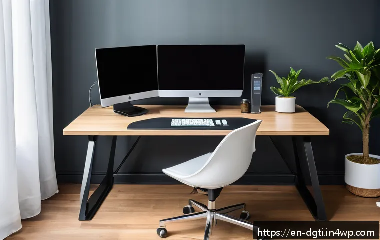 효율적인 디지털 작업 공간 구성하기 - A modern, minimalist home office setup featuring a large adjustable standing desk with dual ultra-wi...