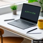 Home 20 미니멀리즘을 위한 온라인 학습 도구 - A minimalist modern study desk setup in a bright room featuring a sleek laptop displaying a distract...