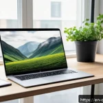 Home 18 디지털 미니멀리즘과 생산성 향상 방법 - A modern, minimalist workspace with a sleek laptop, smartphone, and tablet arranged neatly on a clea...