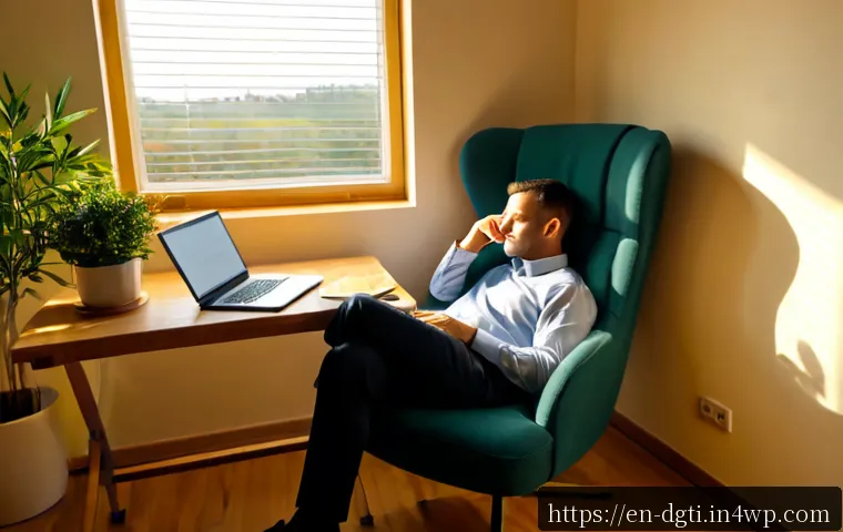 Home 17 디지털 환경에서의 휴식과 재충전 - Photorealistic calm home office at late afternoon, an adult professional resting in a comfortable ar...